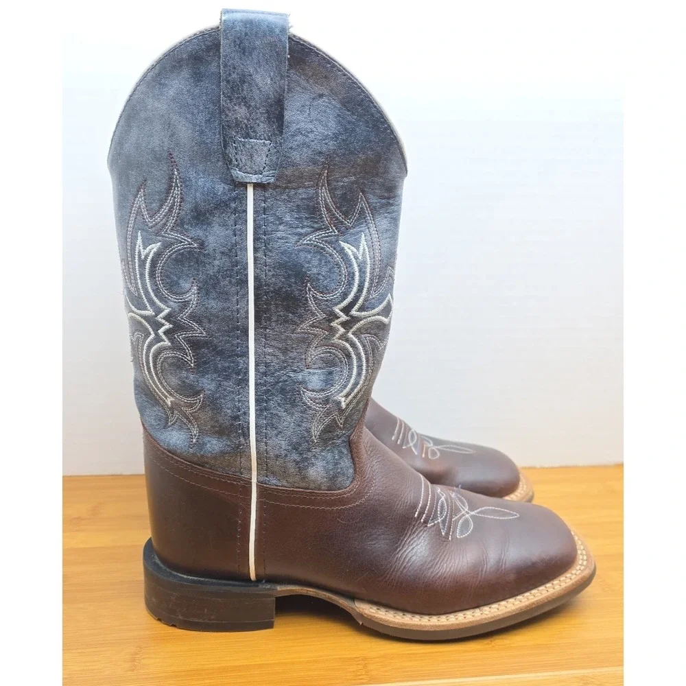 Old West Youth Unisex Broad Square Brown Blue Leather Cowboy Boots 1914 5D